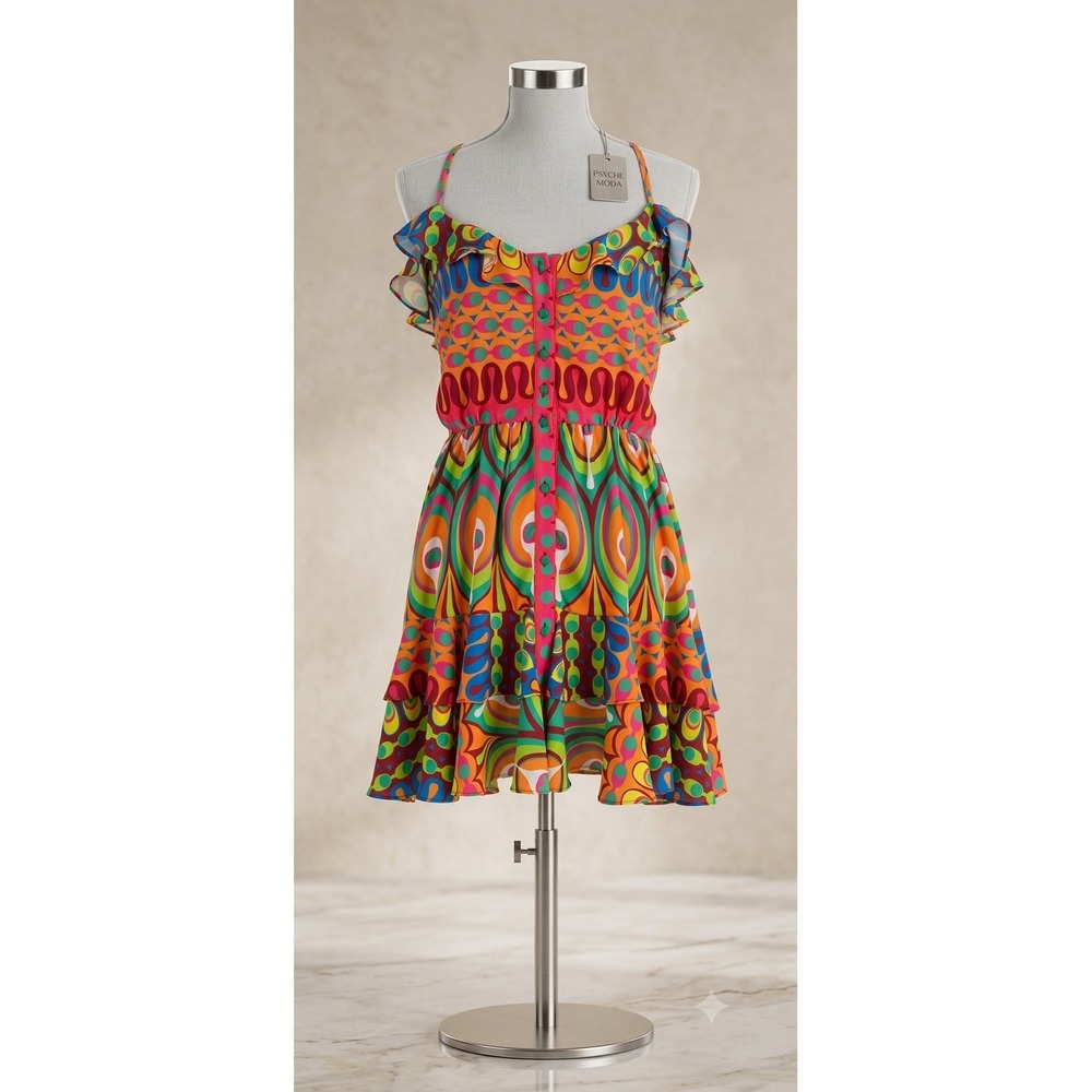 Alexis Womens Psychedelic Geometric Ruffle Mini Dress Multi Color Size S